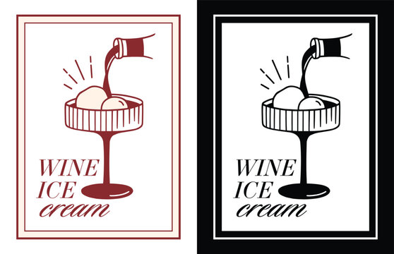 Wine ice cream glass red outline drawing vanilla scoop float drink fancy luxury aesthetic sticker label tag design. Girls night dessert bar illustration retro vintage black ink line art poster print.
