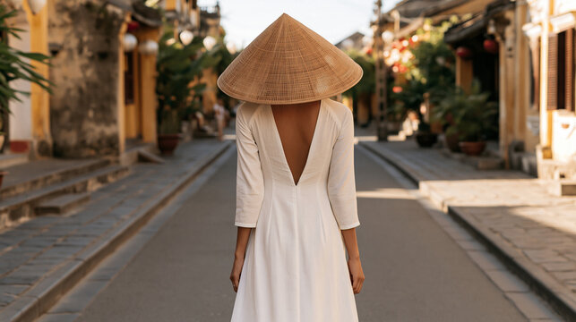 Beautiful Vietnamese woman wearing elegant traditional clothing while walking through a historic colorful town, warm vintage atmosphere, cultural heritage, Southeast Asian