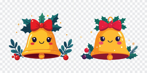 Fototapeta premium Two cute Christmas bell characters with smiling faces, red bows, holly leaves and festive greenery, cheerful cartoon vector ideal for holiday cards, stickers, invitations and seasonal designs.