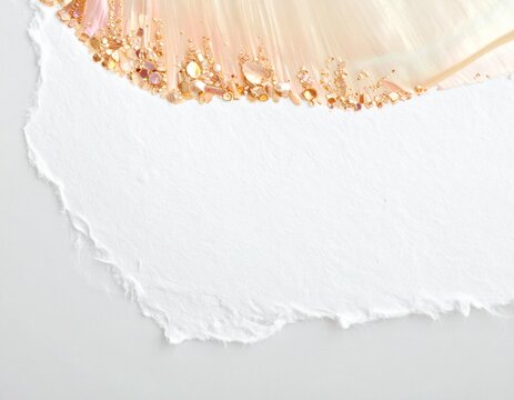 Beige mother of pearl shell flakes along a torn white paper edge, elegant abstract background