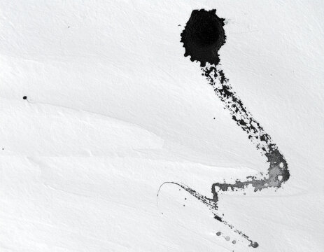 Black ink blot with a scattered splatter trail on white paper, monochrome abstract background