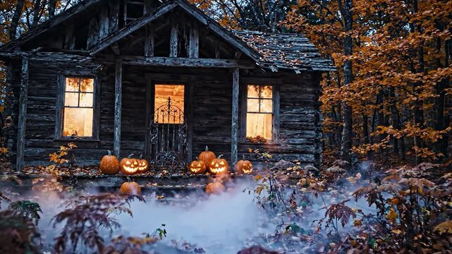 Spooky rustic cabin during halloween season with jack o lanterns and mysterious fog in autumn woods.