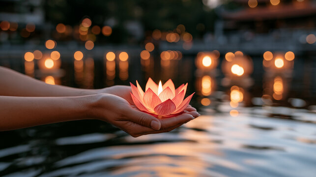 Peaceful Buddhist-inspired evening ceremony with hands gently releasing a glowing pink lotus candle onto calm water, floating lanterns and traditional architecture softly blurred