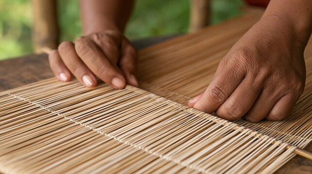 Indigenous Filipina craftswoman carefully weaving naturally dyed abaca fibers into a traditional textile, hands at work, handmade craftsmanship, indigenous heritage, Filipino