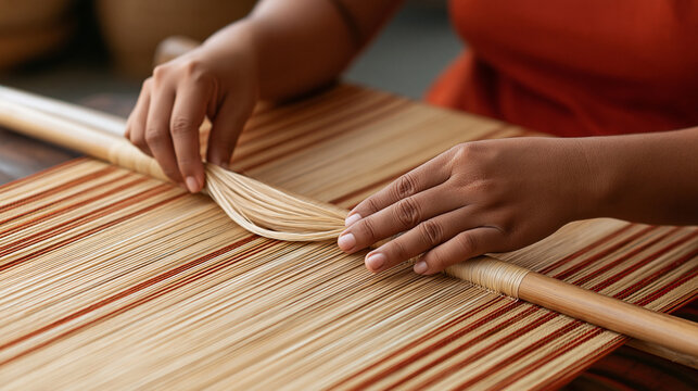 Indigenous Filipina craftswoman carefully weaving naturally dyed abaca fibers into a traditional textile, hands at work, handmade craftsmanship, indigenous heritage, Filipino