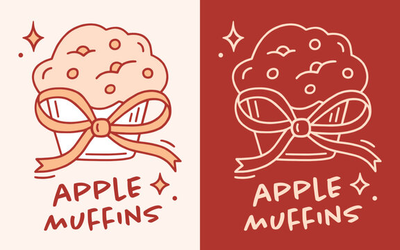 Apple muffins label homemade bakery style logo line art for girly fall aesthetic sticker tag packaging design. Soft baked cinnamon spice cake flavor red orange color bow outline drawing poster print.