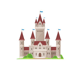 Fototapeta premium Cartoon kingdom palace castle, fairytale fortress castle, kingdom palace. Old ancient medieval royal building with towers and flags. Fortified stronghold construction. Magic king citadel architecture
