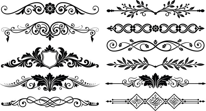 Collection of ornamental page dividers, flourishes and decorative swirls