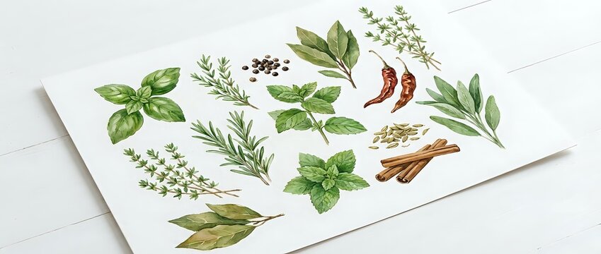 Watercolor botanical illustrations of fresh herbs including basil