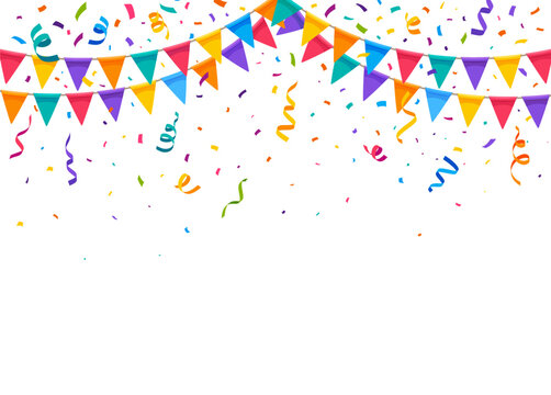 Carnival confetti and flags garland for holiday party background with paper ribbons. Festive banner with carnival confetti or anniversary and fiesta event bg with color streamers and bunting flags