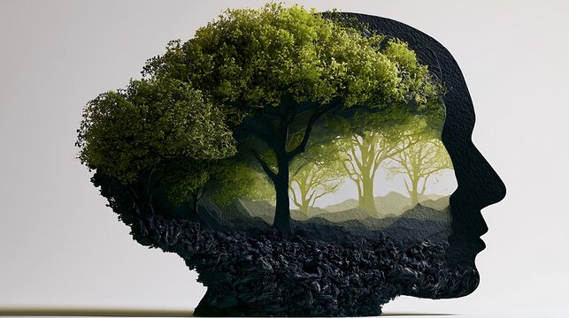 Prompt: A masterclass surreal minimalist double exposure portrait. Inside the clean silhouette of a side-profile head made of black cardstock, are layers of pristine green paper trees transitioning 
