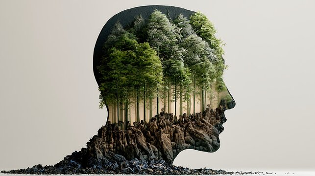 Prompt: A masterclass surreal minimalist double exposure portrait. Inside the clean silhouette of a side-profile head made of black cardstock, are layers of pristine green paper trees transitioning 