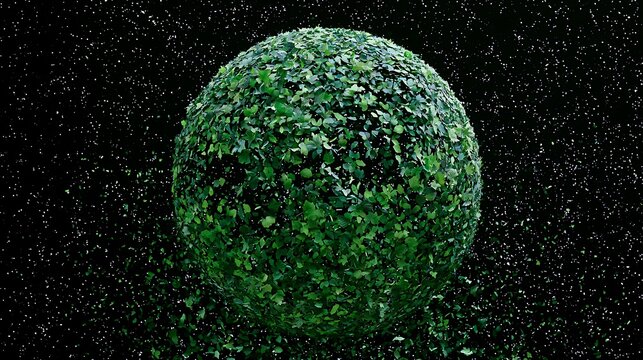 Prompt: A sovereign cosmic environmental double exposure. A delicate globe shape is constructed from thousands of miniature green paper leaves, floating in an absolute matte black paper void 