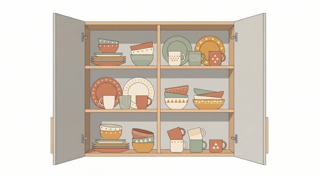open wooden kitchen cabinet illustration filled with colorful ceramic plates, bowls and mugs. earthy tones dishware collection. domestic interior concept. banner, website header, poster.
