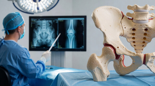 Surgeon in scrubs reviews hip and knee X-rays on screen beside a detailed pelvis bone model in an operating room