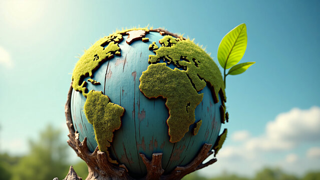 Tree Bark Globe with Green Shoot Growth and Natural Light