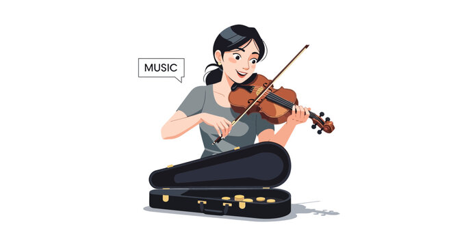 Young woman joyfully playing the violin with an open case of coins nearby