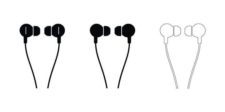 Earphones icon set wired earbud vector line silhouette illustration
