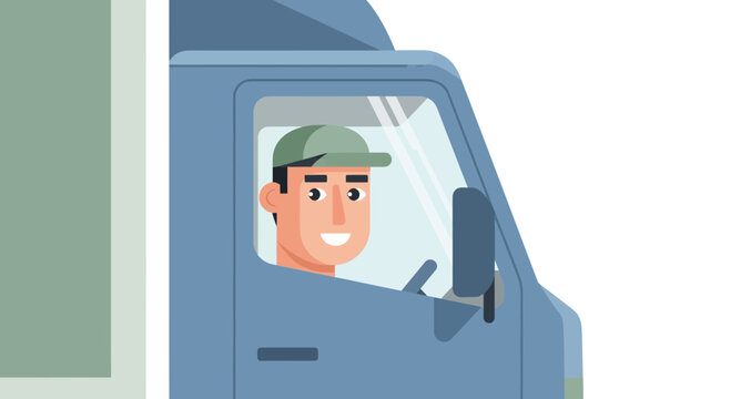 Smiling truck driver wearing a cap, inside the vehicle cab, ready for delivery