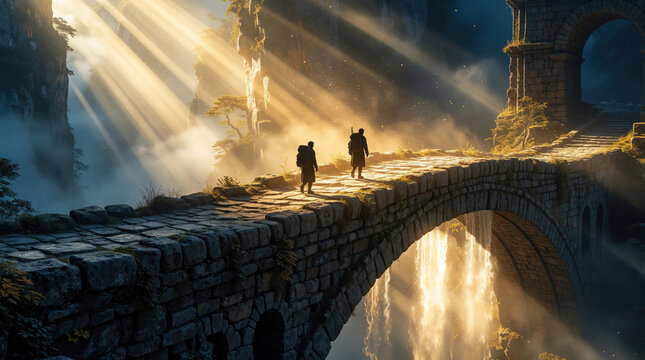 Dramatic landscape heroes journey over ancient stone bridge to mystical mountain crowned with glowing doorway, golden sunbeams stream through cliffside mist around figures on stone pathway, epic