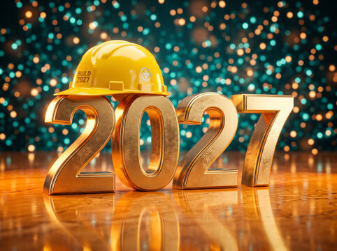 Celebrate 2027: festive new year scene with golden numbers and hard hat