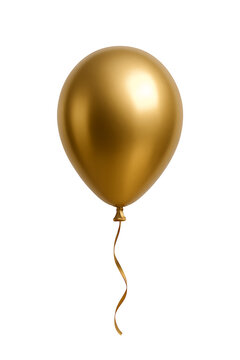 Shiny metallic gold party balloon floating with a matching curly ribbon string for celebrations isolated on transparent background