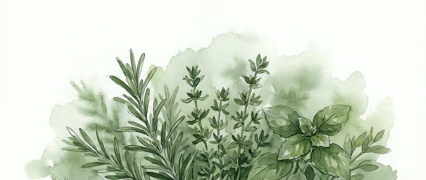 Watercolor illustration of fresh green herbs including rosemary