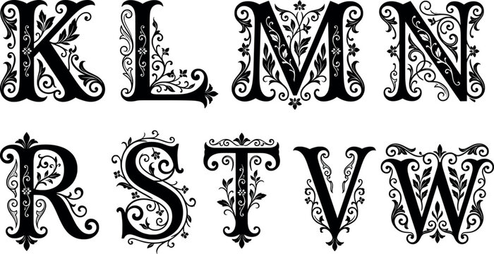 Set of vintage ornate capital letters with floral flourishes vector illustration
