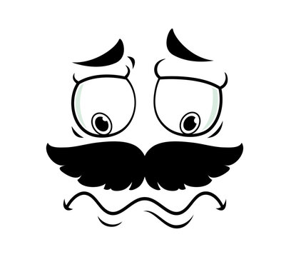 Cartoon sad mustache face emoji showing large worried droopy eyes, arched eyebrows and trembling wavy mouth. Comic retro character upset unhappy emotion and anxiety expression for emotive messaging