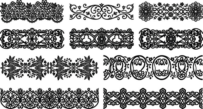 Set of vintage lace borders and ornamental dividers vector illustration
