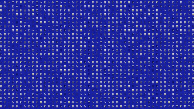 Elder Futhark Runic Alphabet Text Script Matrix Grid Pattern Texture Background in Yellow Runes on Royal Blue Paper Noise for Mystic Branding Artwork