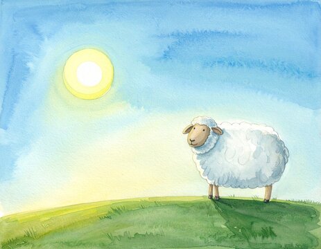 Woolly sheep grazing on a sunlit green hillside under a soft blue sky, gentle watercolour illustration