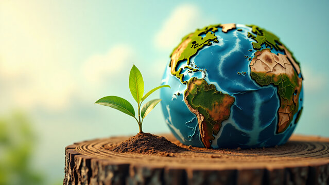 Planet Earth Made of Tree Bark with Green Shoot
