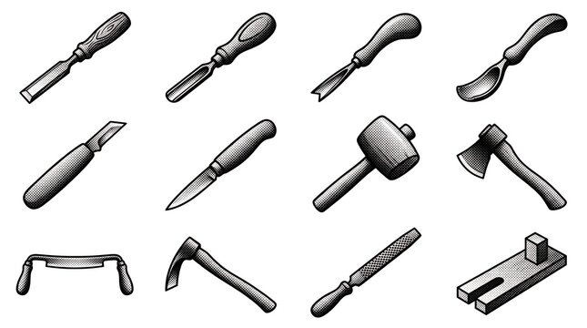 Vintage halftone wood carving tools collection featuring chisels and axes on white background for woodworking crafts.