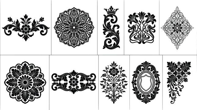Set of vintage floral elements, page decorations, and ornamental corner designs vector illustration