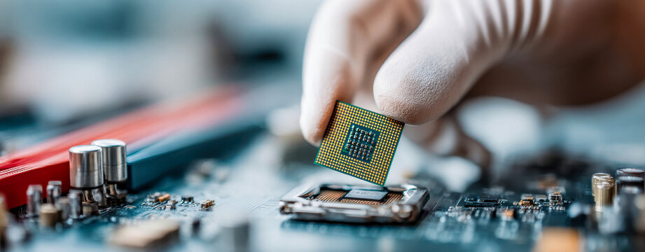 Person placing a microprocessor on a computer motherboard in a workshop during the day