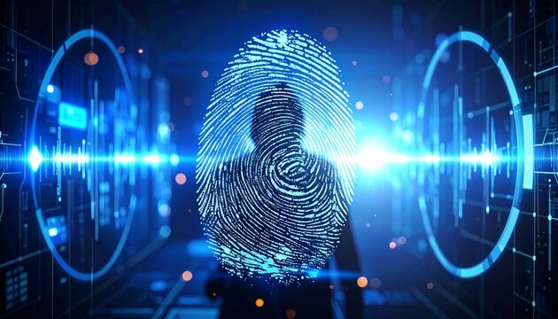 Impress&atilde;o digital virtual e silhueta de pessoa, conceito seguran&ccedil;a de dados, identidade