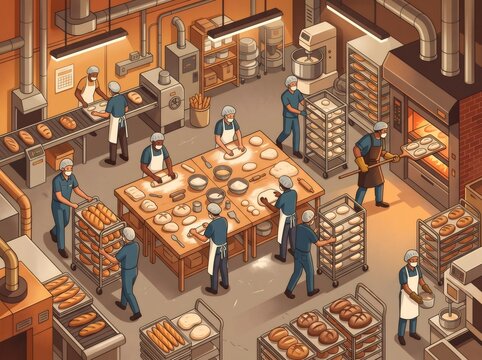 Workers baking bread in industrial bakery setting