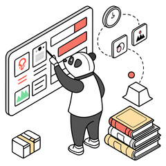 Cute panda character working on a digital dashboard interface for business data project planning © Hosen