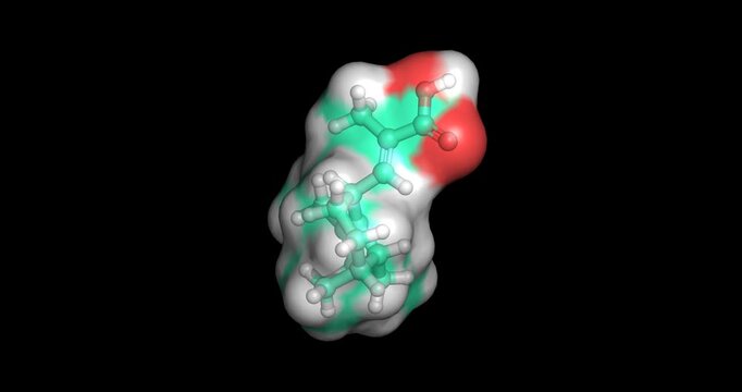 Valerenic acid, active herbal compound found in valerian root with calming properties that help promote sleep, 3D molecule 4K spinning