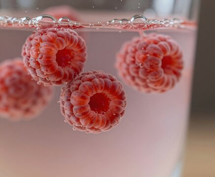 Fresh raspberries floating in sparkling pink drink
