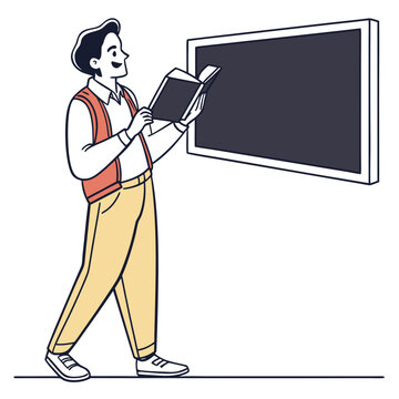 Happy student boy reading a book standing in front of a dark empty classroom chalkboard board