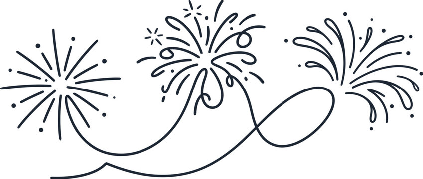 happy new year celebration festival one line art design 2027 new editable Colorful fireworks bursting over wavy water surface with decorative swirls isolated on transparent background, isolated on whi