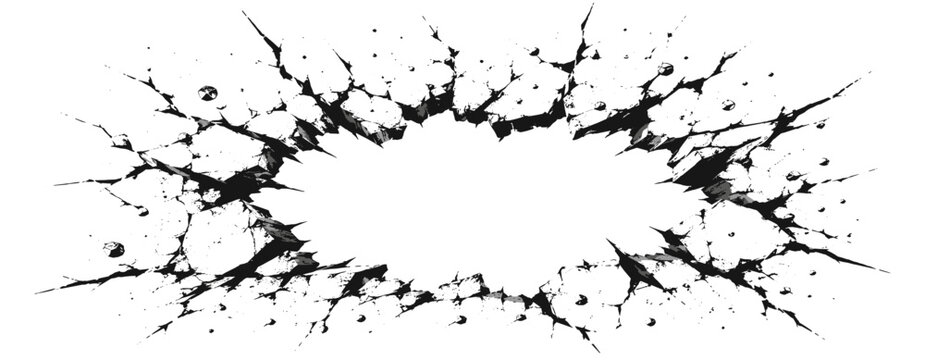 Broken concrete scratch texture with shattered wall, distressed fissures, impact cracks, smashed surface, rough explosion shapes and damaged grunge debris effect, vector illustration