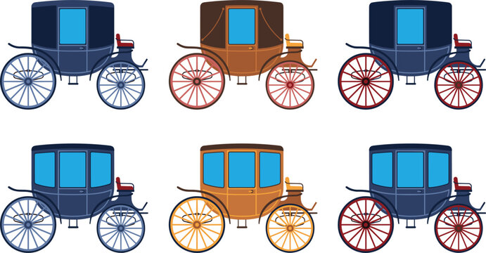 Vector collection of classic brougham carriages and vintage passenger coaches in different colors isolated on white.
