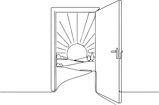 happy new year celebration festival one line art design 2027 new editable Open door revealing sunset landscape with sun rays isolated on transparent background, isolated on white background, Vector
