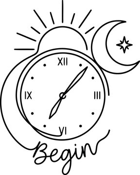 happy new year celebration festival one line art design 2027 new editable Vintage alarm clock illustration with moon and star showing time to begin isolated on transparent background, isolated on whit