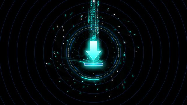 Futuristic digital download icon, glowing cyan arrow with data stream, high-tech information transfer concept on black background