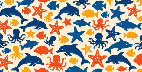 Obraz premium Cute ocean animals pattern with dolphins, octopuses, fish, and starfish. Seamless design for kids textiles and decor. Blue, orange, yellow sea creatures repeat on cream background.