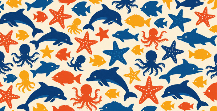 Cute ocean animals pattern with dolphins, octopuses, fish, and starfish. Seamless design for kids textiles and decor. Blue, orange, yellow sea creatures repeat on cream background.